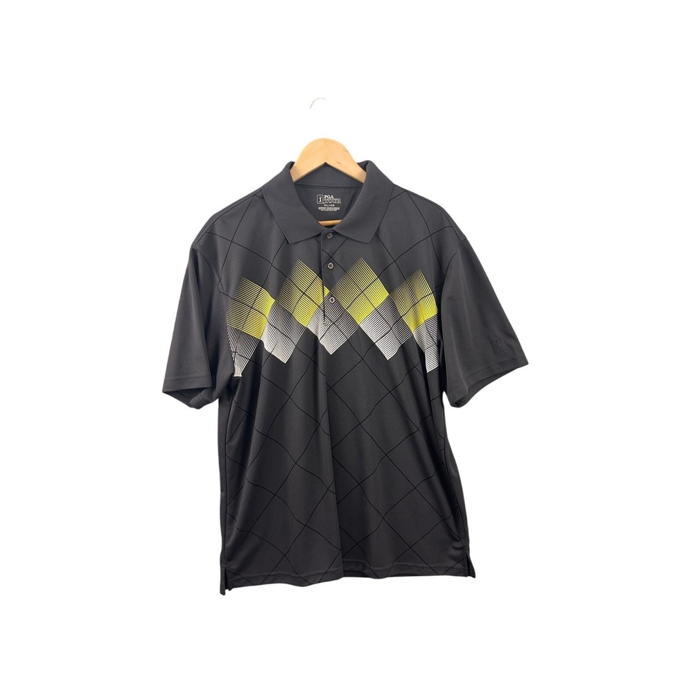 PGA Tour Mens XL Gray Golf Polo Shirt Argyle Geometric Short Sleeve Performance